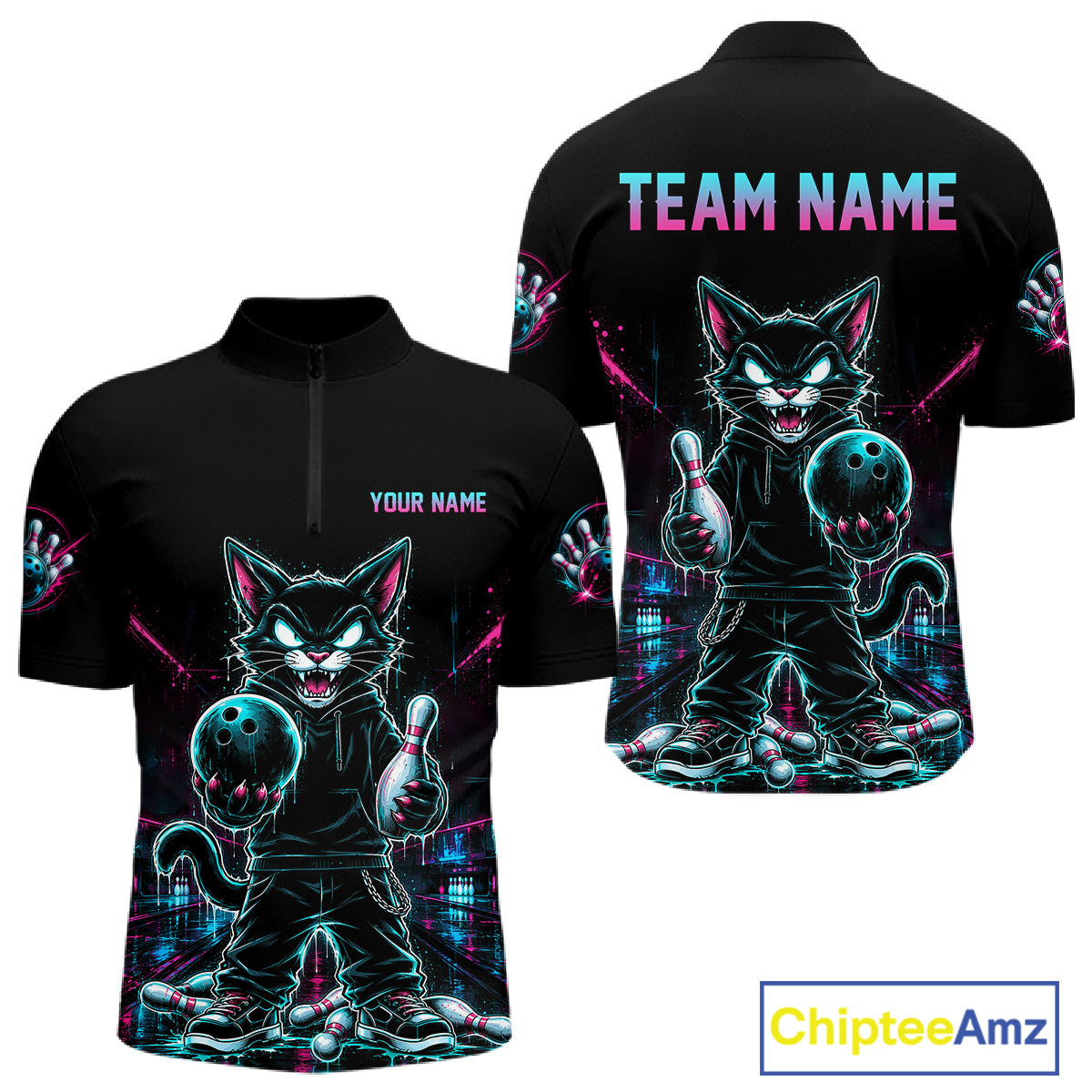 Black short-sleeve quarter-zip athletic jersey shown from front and back, featuring a neon-style cartoon cat holding bowling pins and balls, with customizable text placeholders 'YOUR NAME' and 'TEAM NAME'. A 'ChipteeAmz' logo appears in the bottom right corner.