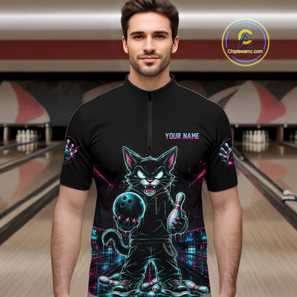 A man wearing a black short-sleeve bowling jersey with a neon cat graphic holding bowling balls and pins, set against a bowling alley background. The jersey features a mock zipper at the collar and customizable text on the chest.