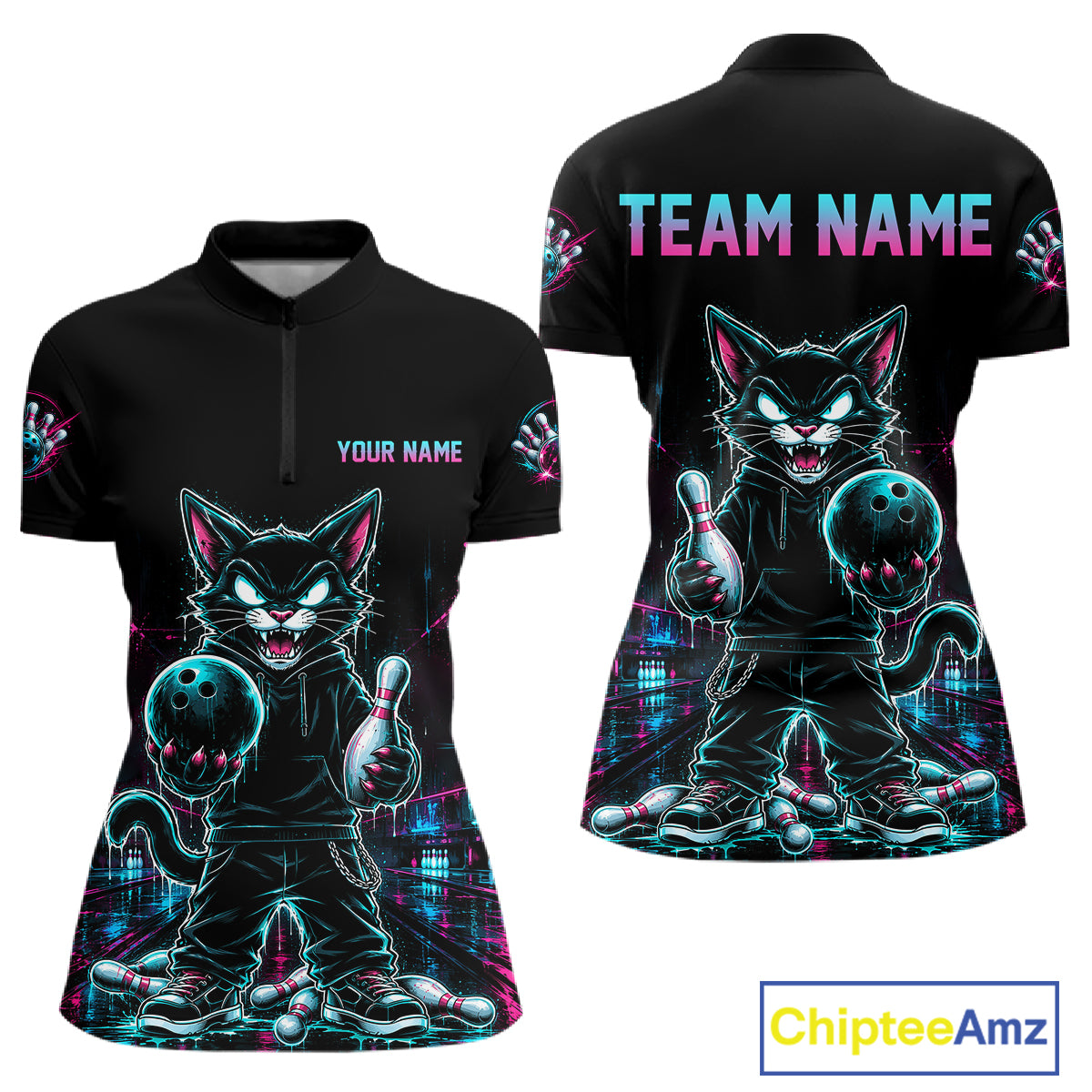 Black short-sleeve polo shirt shown from front and back with a neon bowling-themed cat graphic, customizable text placeholders, and a ChipteeAmz logo in the corner.