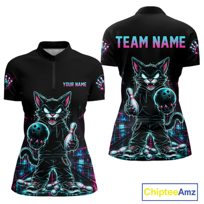 Black short-sleeve polo shirt shown from front and back with a neon bowling-themed cat graphic, customizable text placeholders, and a ChipteeAmz logo in the corner.