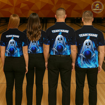 Custom Blue Flame Ghost Bowling Team Shirts, Bowling Shirts For Women Bowling Jersey HNT466