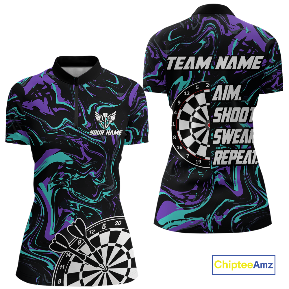 Turquoise-Purple Pattern Aim Shoot Swear Repeat Darts Team Jerseys Dart Shirts For Women NNT168