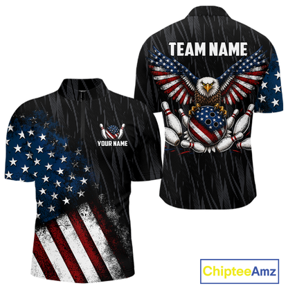 Front and back views of a black patriotic bowling quarter zip shirt featuring distressed American flag graphics, custom team and player name text, and a bald eagle with spread wings above a flag-themed bowling ball and pins.