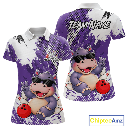 Custom Funny Hippo Bowling Team Shirts Bowling Shirt for Women Bowling League Polo &1/4 Zip HNT348