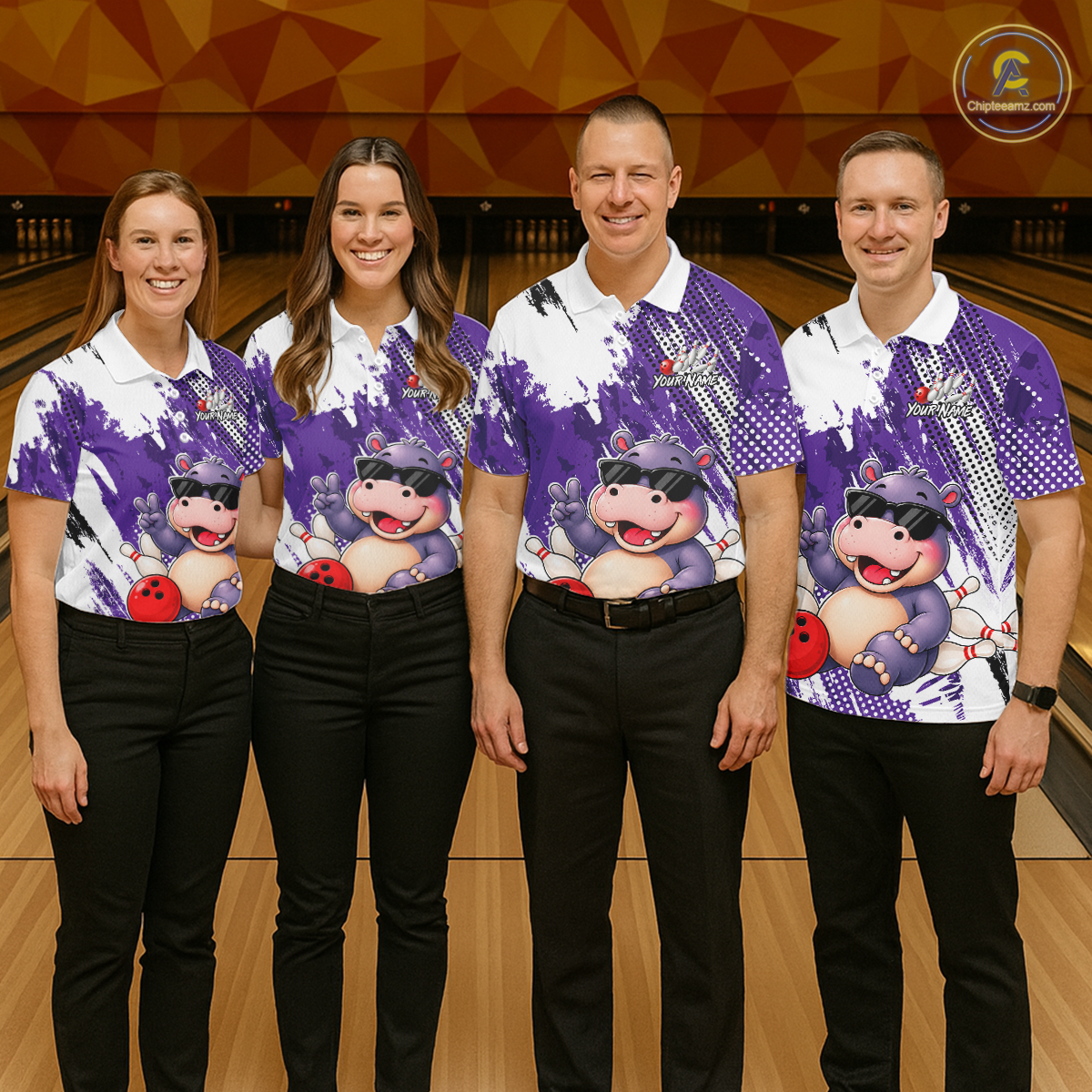 Four people wearing smiling hippo in sunglasses, bowling pins, and a red bowling ball and custom name text.