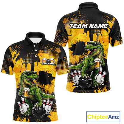 Front and back views of a black bowling polo featuring a green T-Rex wearing sunglasses, holding a beer mug, standing with bowling pins and a bowling ball, plus personalized name and team name text.