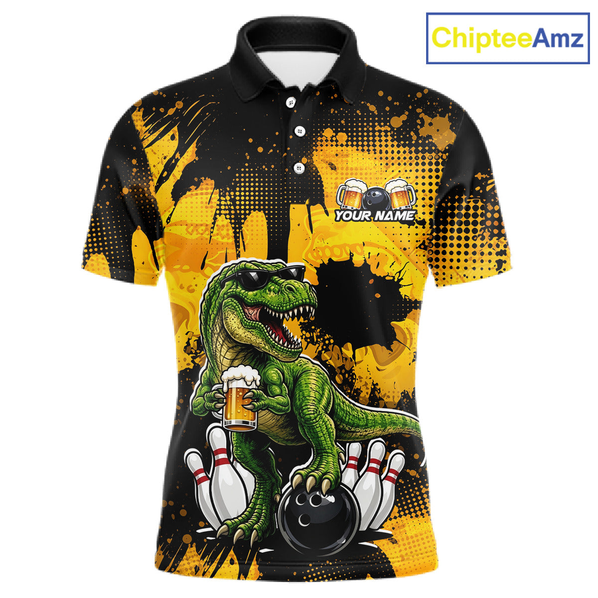 Front  views of a black bowling polo featuring a green T-Rex wearing sunglasses, holding a beer mug, standing with bowling pins and a bowling ball, plus personalized name and team name text.