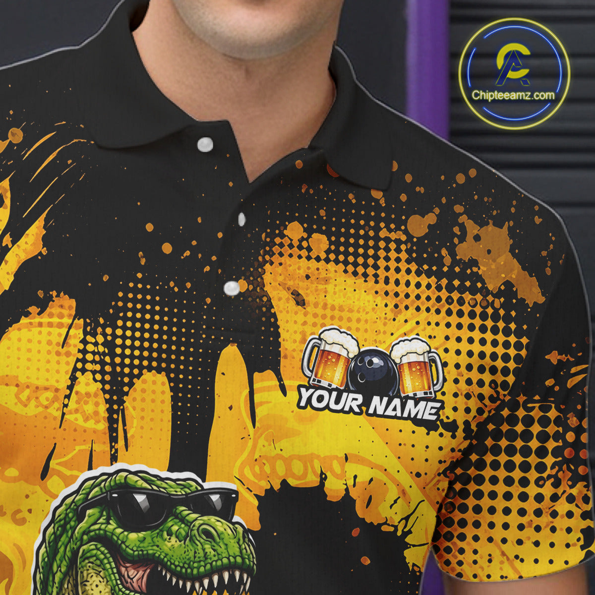 Man wearing a black bowling polo featuring bowling pins and a bowling ball, plus personalized name and team name text.