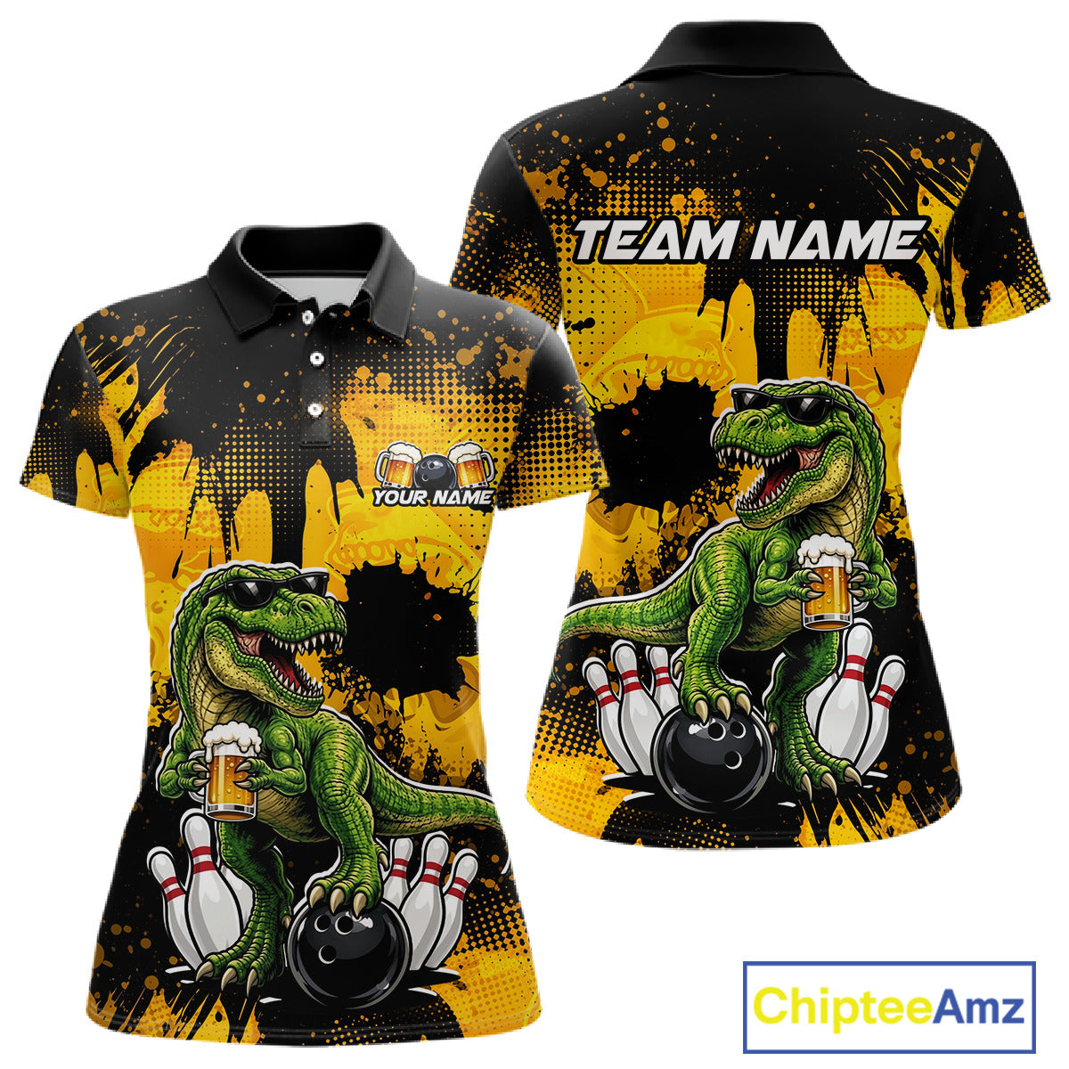 Front and back bowling polo shirt featuring a dinosaur holding beer with bowling pins and ball artwork on black yellow background.