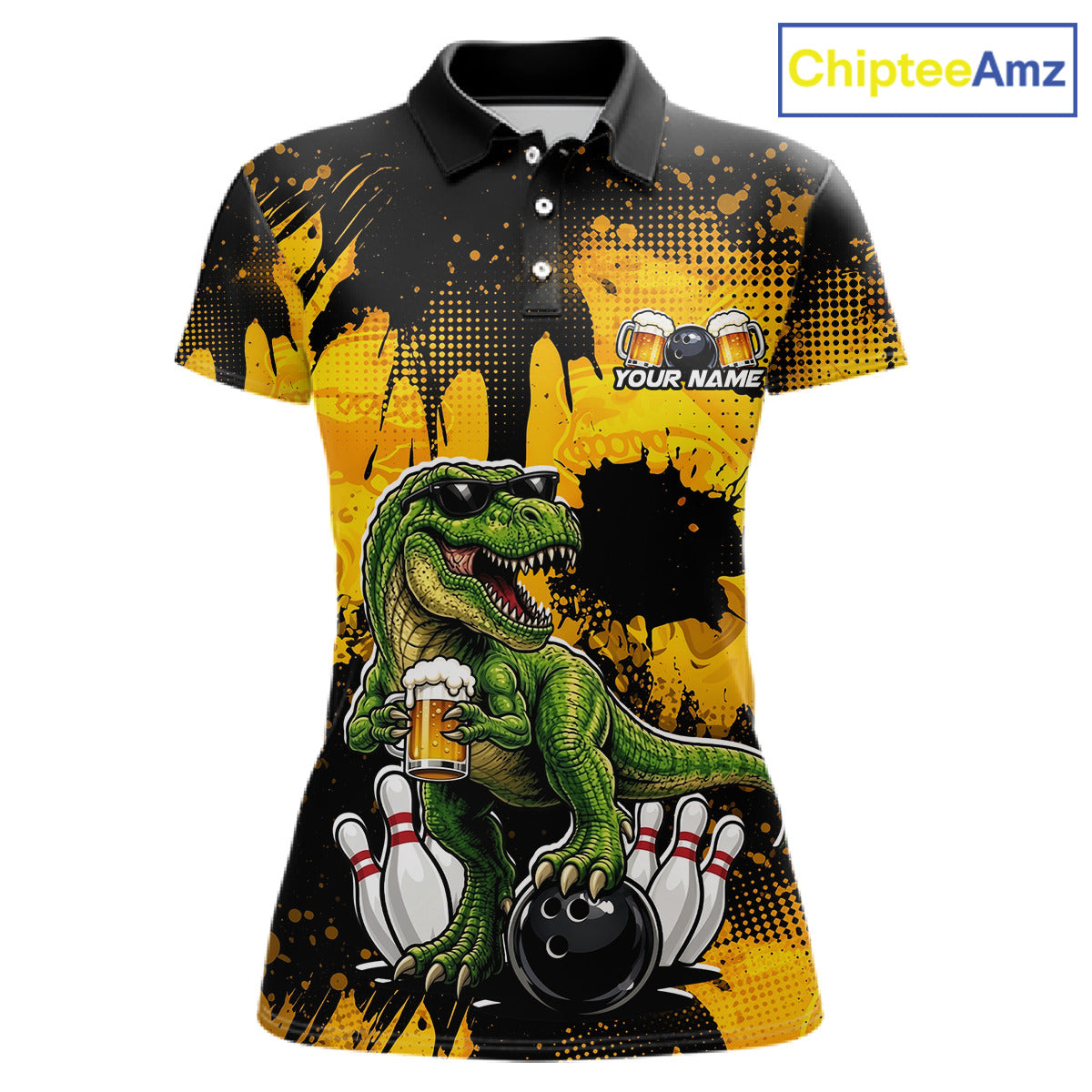 Front view bowling polo shirt featuring a dinosaur holding beer with bowling pins and ball artwork on black yellow background.