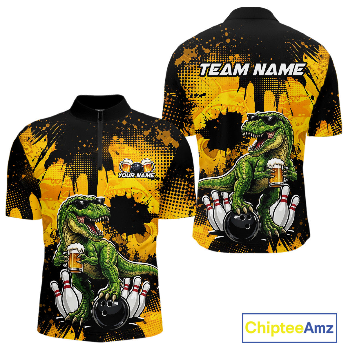 Front and back views of a black bowling quarter zip featuring a green T-Rex wearing sunglasses, holding a beer mug, standing with bowling pins and a bowling ball, plus personalized name and team name text.
