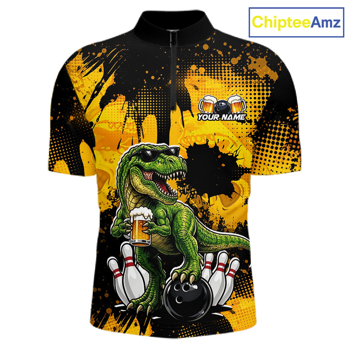 Front  views of a black bowling quarter zip featuring a green T-Rex wearing sunglasses, holding a beer mug, standing with bowling pins and a bowling ball, plus personalized name and team name text.
