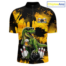 Load image into Gallery viewer, Front  views of a black bowling quarter zip featuring a green T-Rex wearing sunglasses, holding a beer mug, standing with bowling pins and a bowling ball, plus personalized name and team name text.