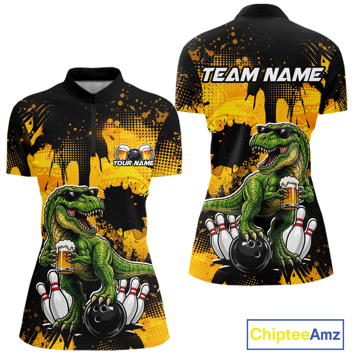 Front and back bowling quarter zip shirt featuring a dinosaur holding beer with bowling pins and ball artwork on black yellow background.