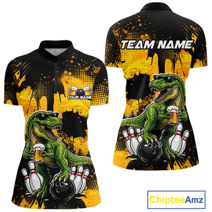 Front and back bowling quarter zip shirt featuring a dinosaur holding beer with bowling pins and ball artwork on black yellow background.