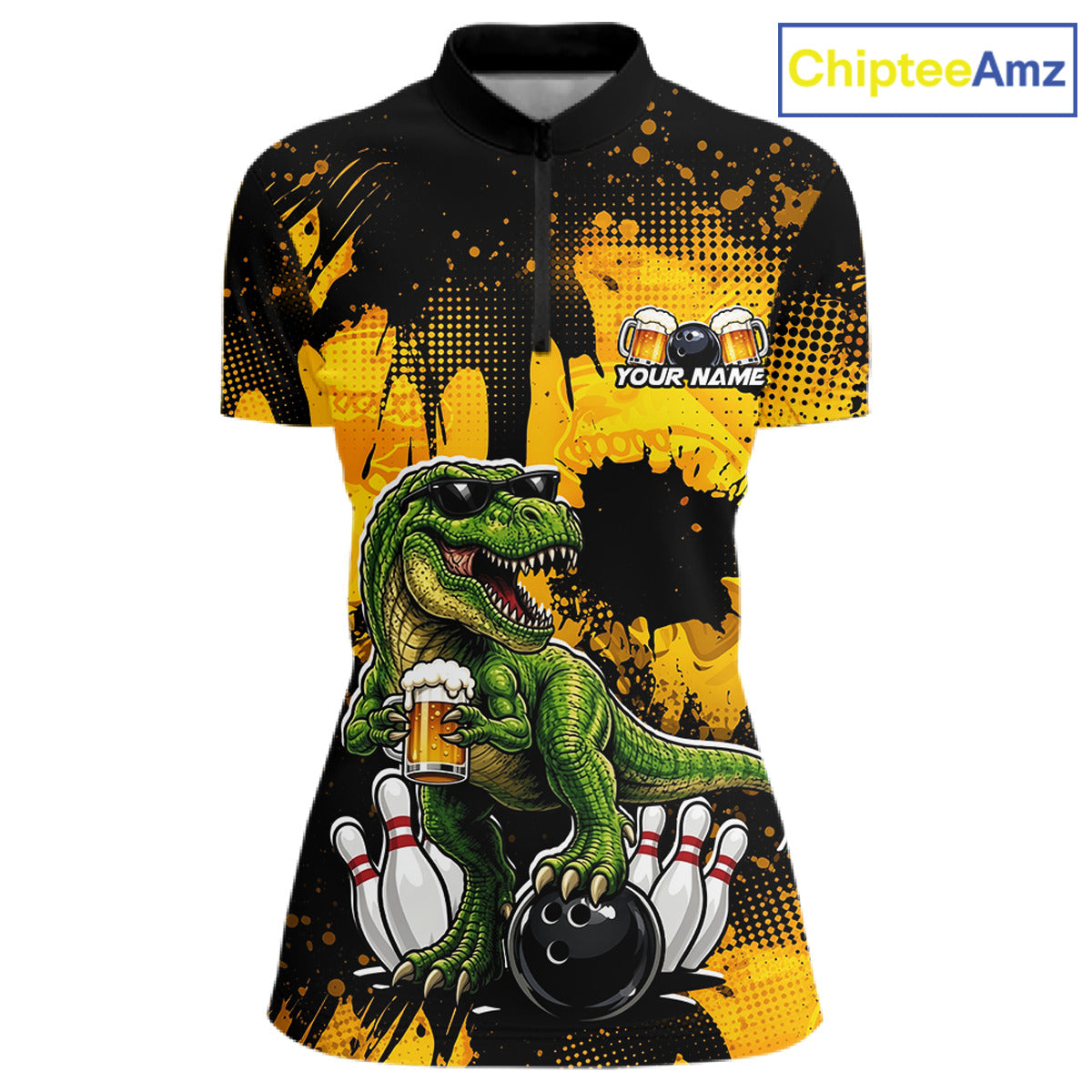 Front bowling quarter zip shirt featuring a dinosaur holding beer with bowling pins and ball artwork on black yellow background.