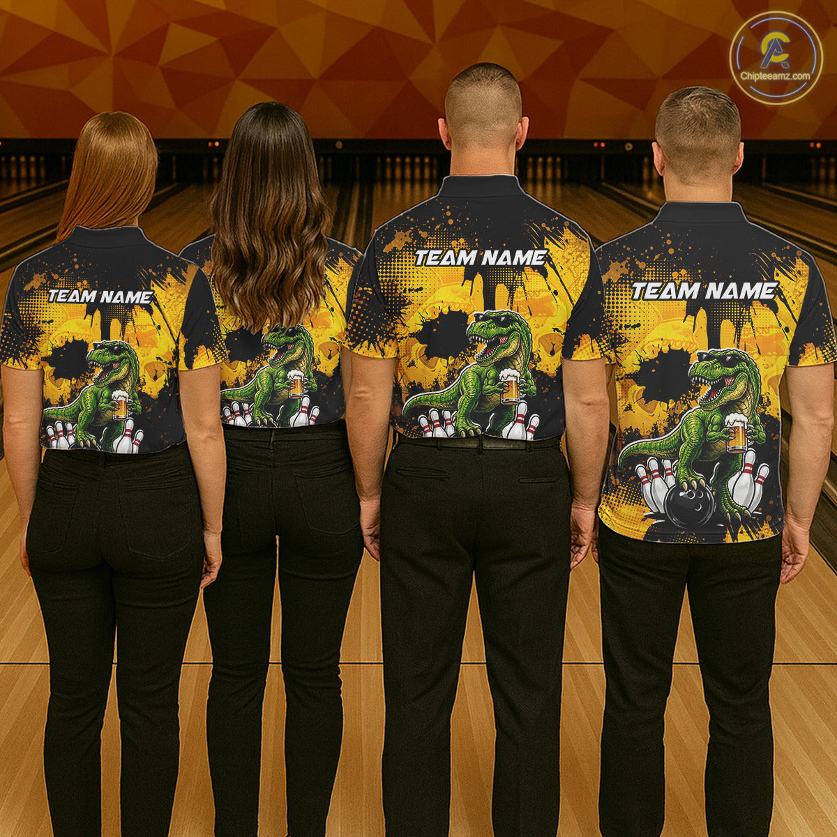 Four people wearing a black bowling polo featuring a green T-Rex wearing sunglasses, holding a beer mug, standing with bowling pins and a bowling ball, plus personalized name and team name text.