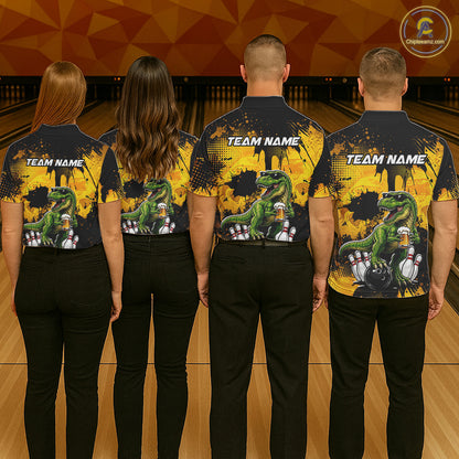 Four people wearing a black bowling polo featuring a green T-Rex wearing sunglasses, holding a beer mug, standing with bowling pins and a bowling ball, plus personalized name and team name text.