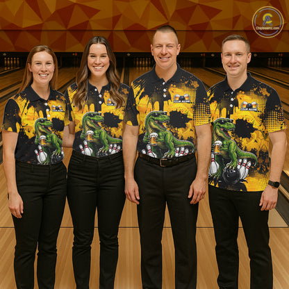 Four people wearing a black bowling polo featuring a green T-Rex wearing sunglasses, holding a beer mug, standing with bowling pins and a bowling ball, plus personalized name and team name text.
