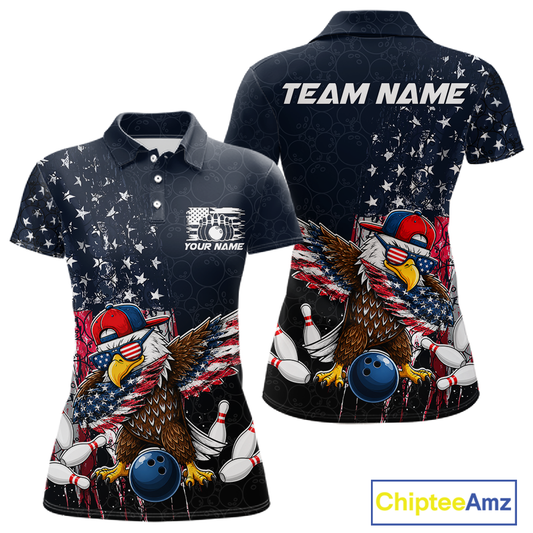 Front and back views of a dark patriotic bowling polo with distressed stars-and-stripes graphics, a eagle , bowling pins, and custom team text.