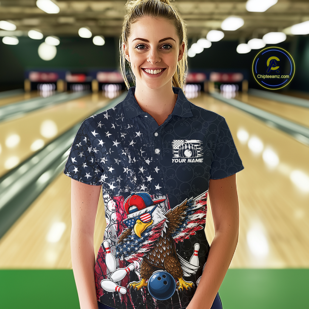 Woman wearing a dark patriotic bowling polo with distressed stars-and-stripes graphics, a eagle , bowling pins, and custom your name text.