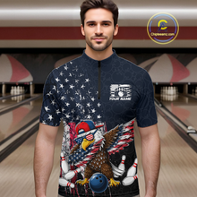 Load image into Gallery viewer, Man wearing a dark patriotic bowling quarter zip with distressed stars-and-stripes graphics, a eagle , bowling pins, and custom your name text.