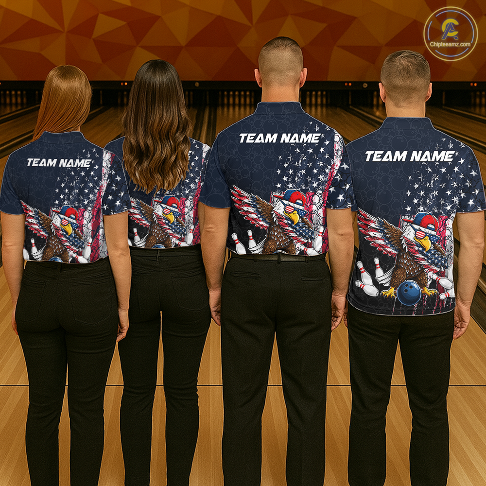 Four people wearing dark patriotic bowling quarter zip with distressed stars-and-stripes graphics, a eagle , bowling pins, and custom team name text.