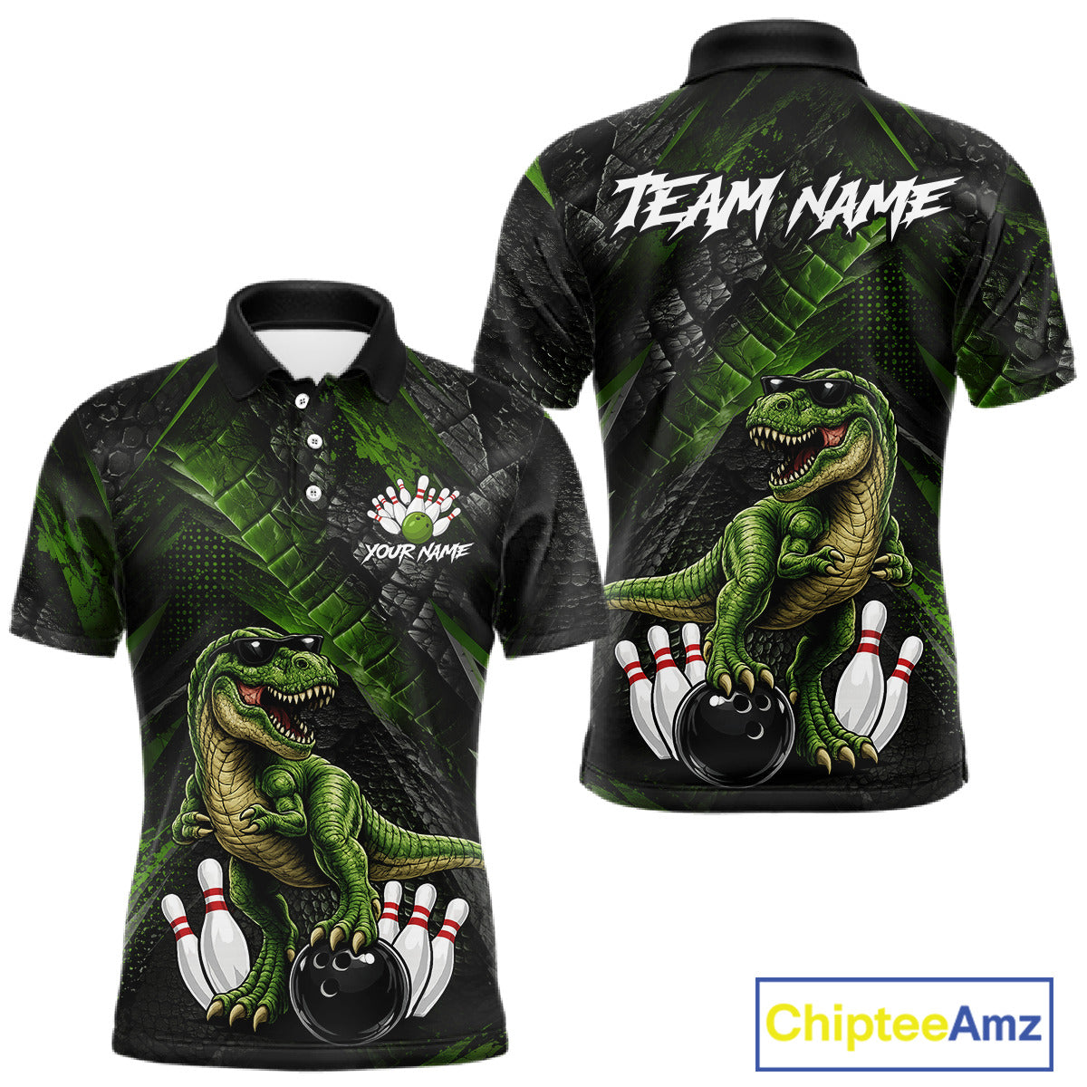 Front and back bowling polo shirt featuring a dinosaur standing among bowling pins and ball artwork on black green textured background.