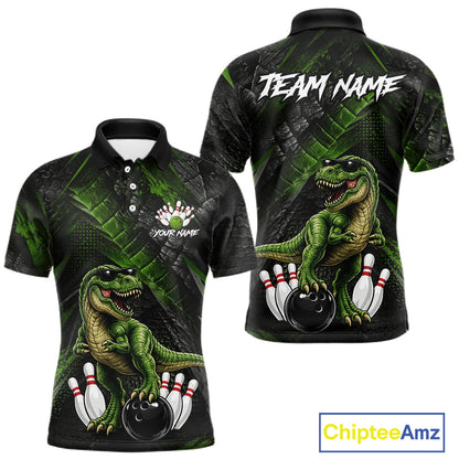 Front and back bowling polo shirt featuring a dinosaur standing among bowling pins and ball artwork on black green textured background.