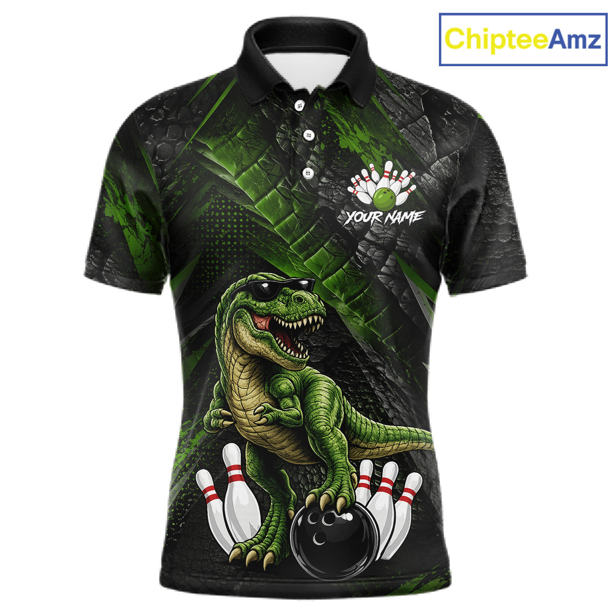 Front bowling polo shirt featuring a dinosaur standing among bowling pins and ball artwork on black green textured background.