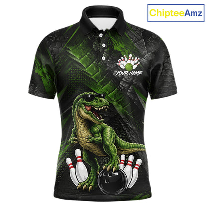 Front bowling polo shirt featuring a dinosaur standing among bowling pins and ball artwork on black green textured background.