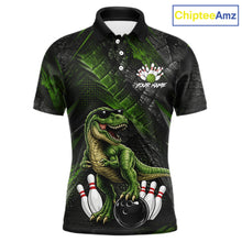 Load image into Gallery viewer, Front bowling polo shirt featuring a dinosaur standing among bowling pins and ball artwork on black green textured background.