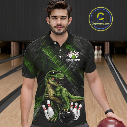 Man wearing bowling polo shirt featuring a dinosaur standing among bowling pins and ball artwork on black green textured background.