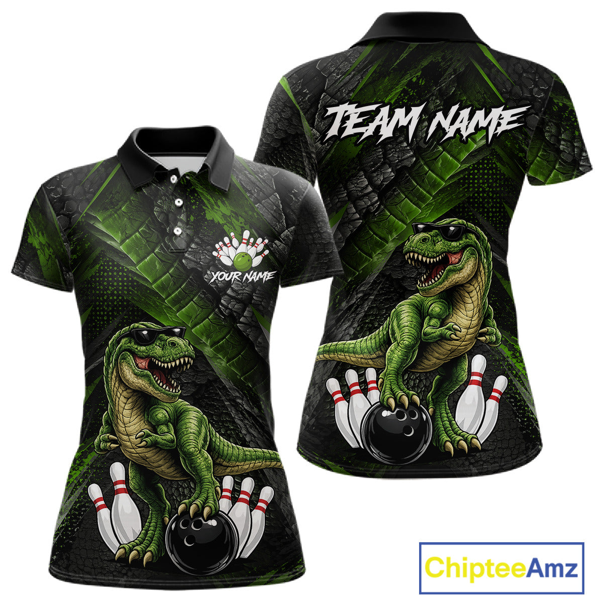 Front and back bowling polo shirt featuring a dinosaur standing among bowling pins and ball artwork on black green textured background.