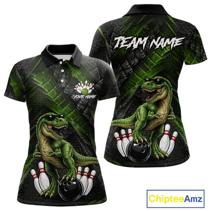 Front and back bowling polo shirt featuring a dinosaur standing among bowling pins and ball artwork on black green textured background.