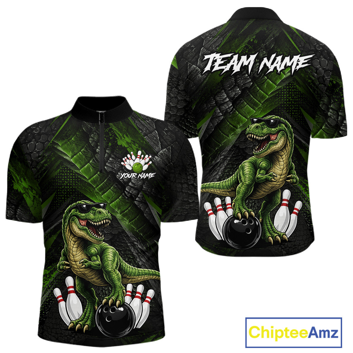 Front and back bowling quarter zip shirt featuring a dinosaur standing among bowling pins and ball artwork on black green textured background.