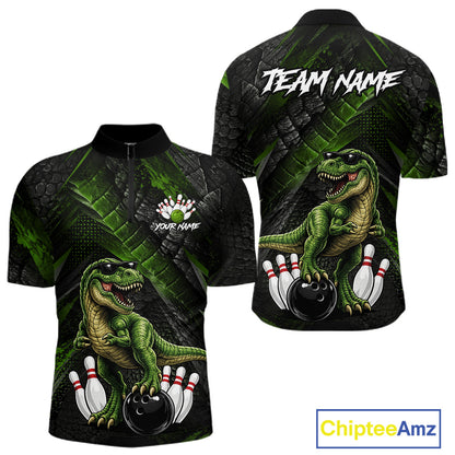 Front and back bowling quarter zip shirt featuring a dinosaur standing among bowling pins and ball artwork on black green textured background.