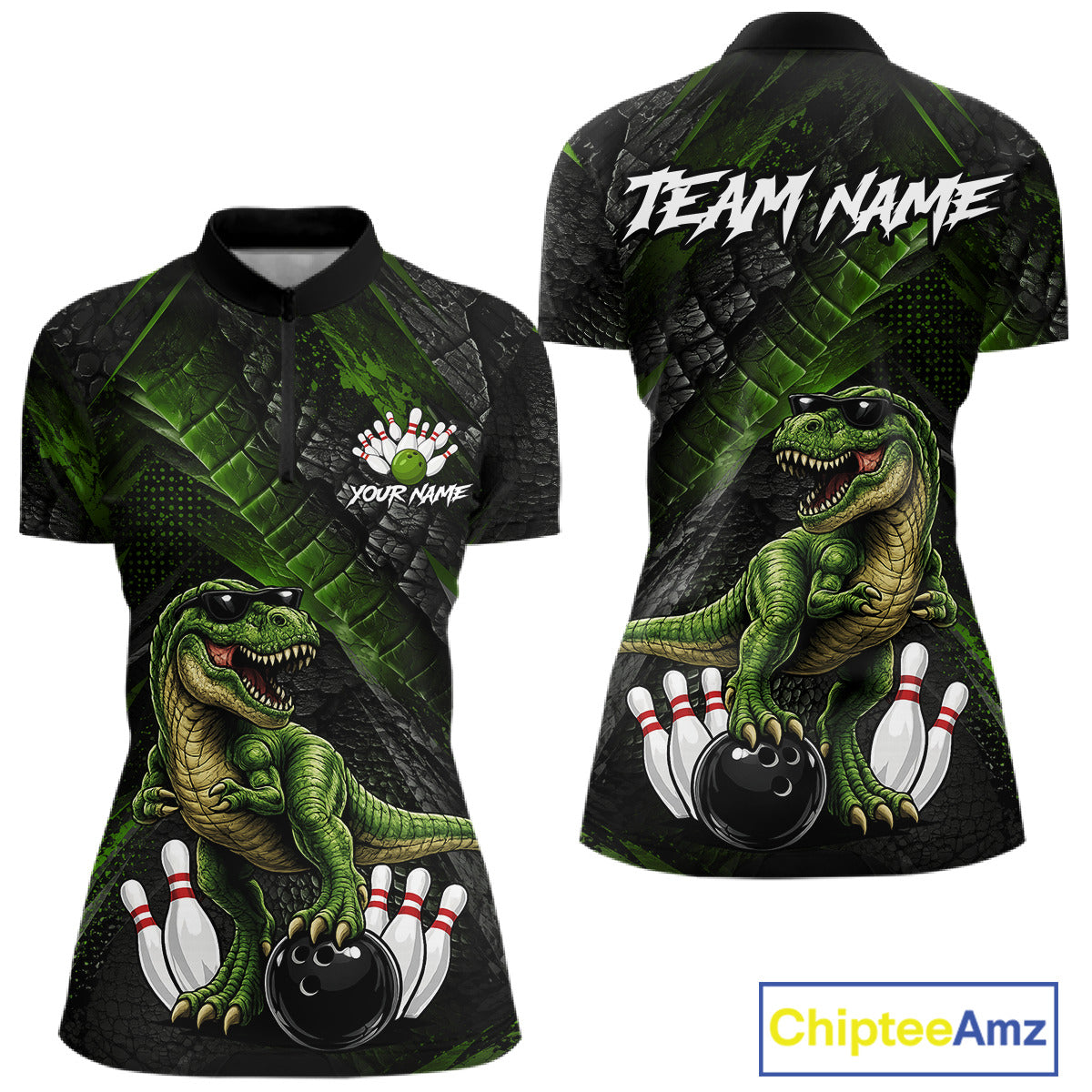 Front and back bowling quarter zip shirt featuring a dinosaur standing among bowling pins and ball artwork on black green textured background.