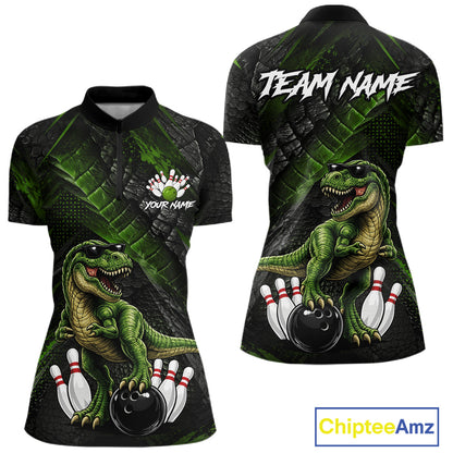 Front and back bowling quarter zip shirt featuring a dinosaur standing among bowling pins and ball artwork on black green textured background.