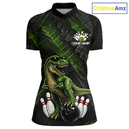 Front bowling quarter zip shirt featuring a dinosaur standing among bowling pins and ball artwork on black green textured background.