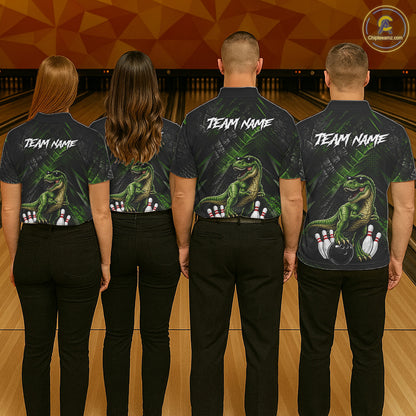 Four people wearing bowling polo shirt featuring a dinosaur standing among bowling pins and ball artwork on black green textured background.