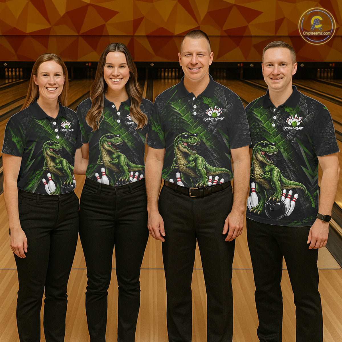Four people wearing bowling polo shirt featuring a dinosaur standing among bowling pins and ball artwork on black green textured background.