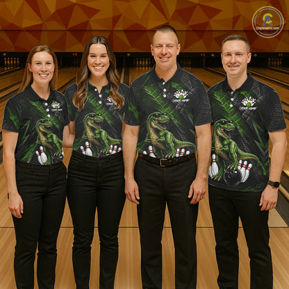 Four people wearing bowling polo shirt featuring a dinosaur standing among bowling pins and ball artwork on black green textured background.