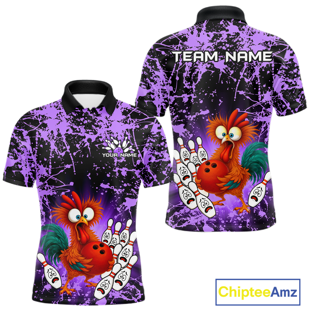 Purple Funny Chicken Bowling Jersey for Men Bowling League Bowling Team Shirts Polo & 1/4 Zip HN232