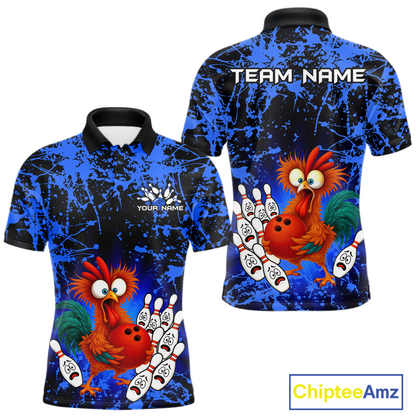 Blue Funny Chicken Bowling Jersey for Men Bowling League Bowling Team Shirts Polo & 1/4 Zip HN232