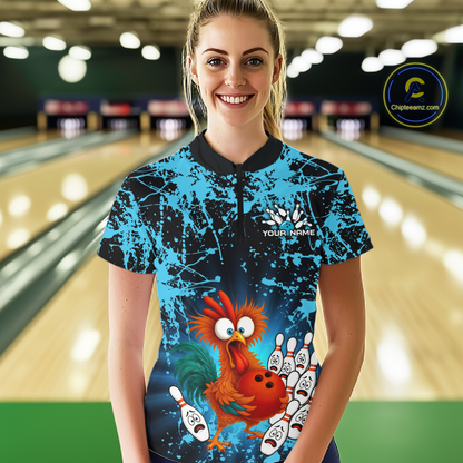 Turquoise Funny Chicken Bowling Jersey for Women Bowling League Bowling Team Shirts Polo & 1/4 Zip HN232