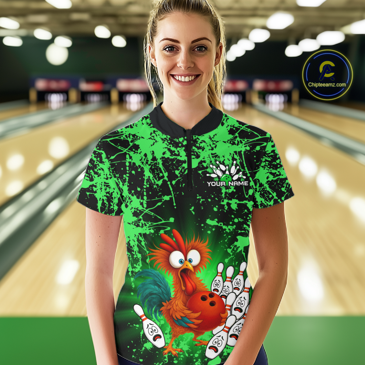 Green Funny Chicken Bowling Jersey for Women Bowling League Bowling Team Shirts Polo & 1/4 Zip HN232