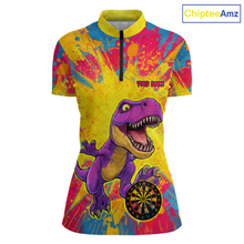 Load image into Gallery viewer, Front darts quarter zip shirt featuring a purple dinosaur holding a dartboard within a bright colorful paint splatter background.