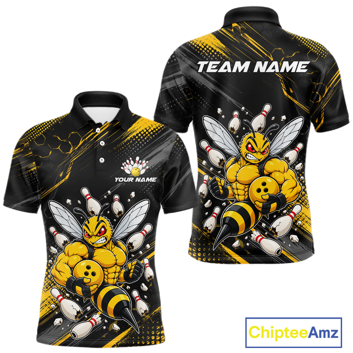 Front and back bowling polo shirt featuring a muscular bee holding a bowling ball surrounded by pins on black yellow background.