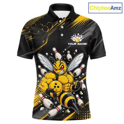 Front bowling polo shirt featuring a muscular bee holding a bowling ball surrounded by pins on black yellow background.